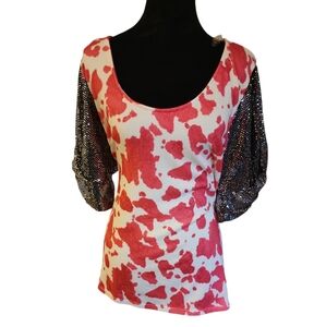 SUMMER COW PATTERN SEQUIN SHORT SLEEVE TOP